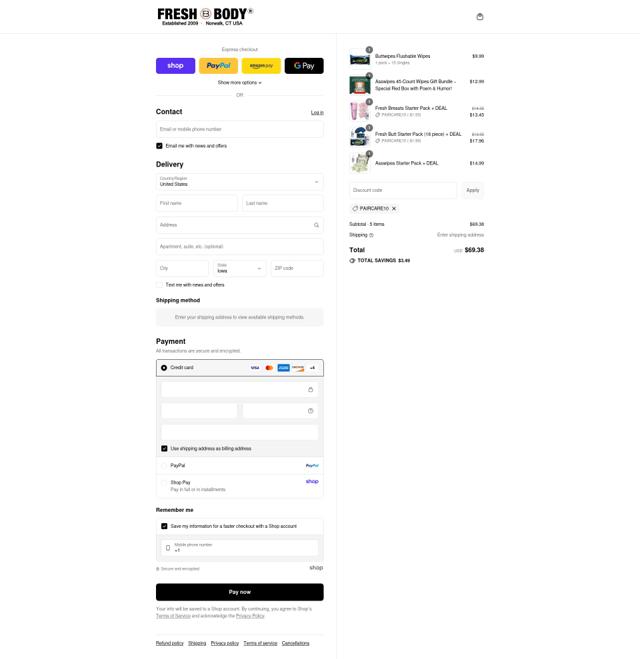 Fresh Body checkout page showing Fresh Body discount code box | Screenshot taken by SimplyCodes community member on Sep 7, 2025