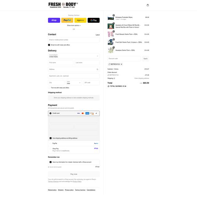 Fresh Body checkout page showing Fresh Body discount code box | Screenshot taken by SimplyCodes community member on Sep 7, 2025
