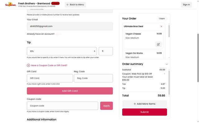 Fresh Brothers checkout page showing Fresh Brothers coupon code box | Screenshot taken by SimplyCodes community member on Jul 30, 2025