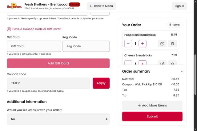 Fresh Brothers checkout page showing Fresh Brothers coupon code box | Screenshot taken by SimplyCodes community member on Jul 1, 2025