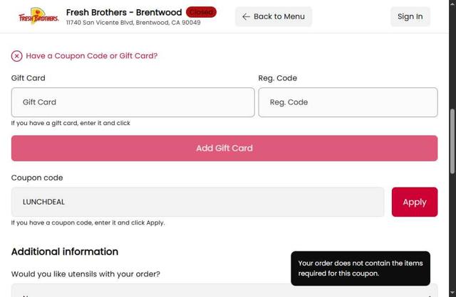 Fresh Brothers checkout page showing Fresh Brothers coupon code box | Screenshot taken by SimplyCodes community member on Jul 18, 2025