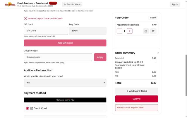 Fresh Brothers checkout page showing Fresh Brothers coupon code box | Screenshot taken by SimplyCodes community member on May 22, 2025