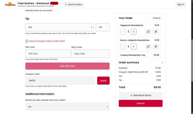 Fresh Brothers checkout page showing Fresh Brothers coupon code box | Screenshot taken by SimplyCodes community member on Jun 2, 2025