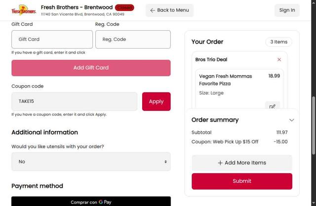 Fresh Brothers checkout page showing Fresh Brothers coupon code box | Screenshot taken by SimplyCodes community member on Jul 15, 2025