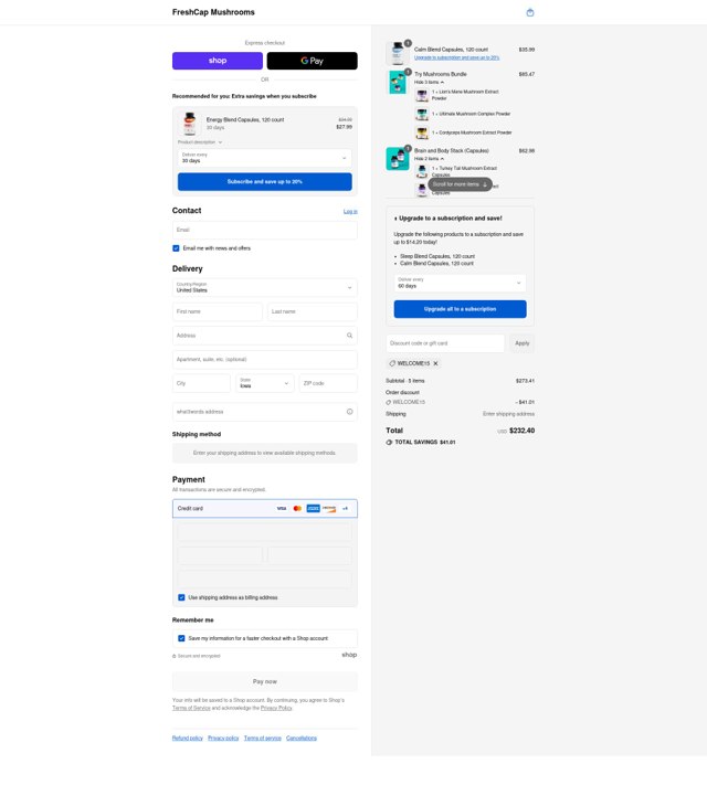 FreshCap Mushrooms checkout page showing FreshCap Mushrooms promo code box | Screenshot taken by SimplyCodes community member on Sep 4, 2025