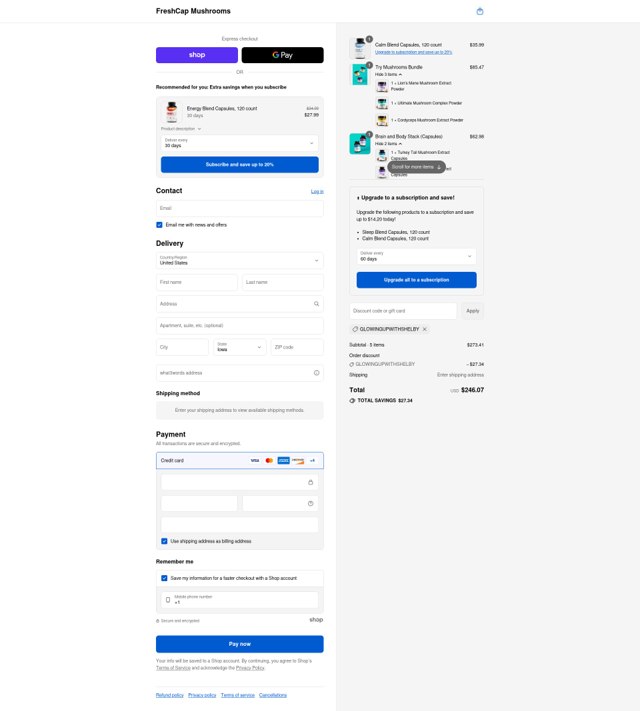 FreshCap Mushrooms checkout page showing FreshCap Mushrooms promo code box | Screenshot taken by SimplyCodes community member on Aug 31, 2025