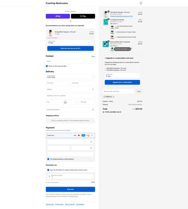 FreshCap Mushrooms checkout page showing FreshCap Mushrooms promo code box | Screenshot taken by SimplyCodes community member on Sep 4, 2025