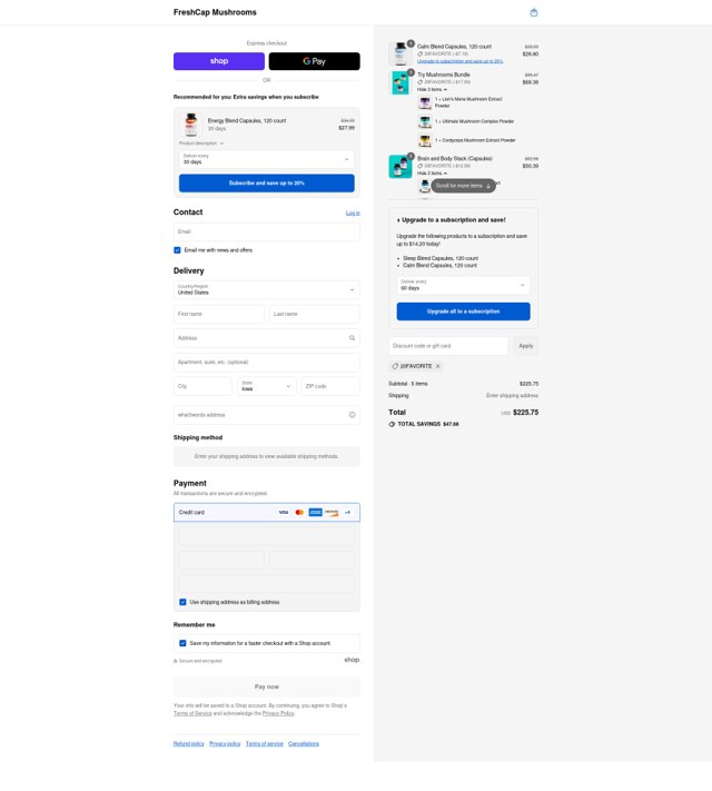 FreshCap Mushrooms checkout page showing FreshCap Mushrooms promo code box | Screenshot taken by SimplyCodes community member on Sep 4, 2025