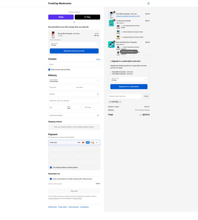 FreshCap Mushrooms checkout page showing FreshCap Mushrooms promo code box | Screenshot taken by SimplyCodes community member on Sep 4, 2025