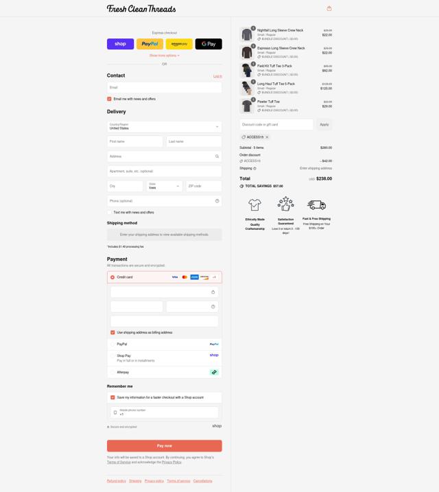 Fresh Clean Threads checkout page showing Fresh Clean Threads discount code box | Screenshot taken by SimplyCodes community member on Sep 6, 2025