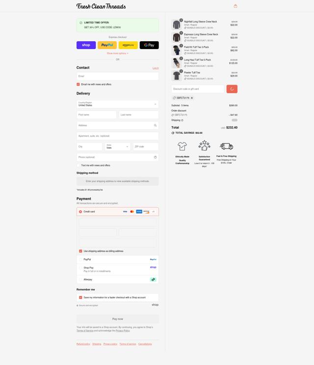 Fresh Clean Threads checkout page showing Fresh Clean Threads discount code box | Screenshot taken by SimplyCodes community member on Sep 2, 2025