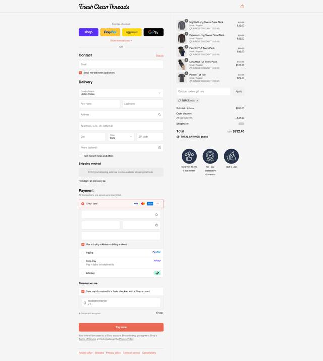 Fresh Clean Threads checkout page showing Fresh Clean Threads discount code box | Screenshot taken by SimplyCodes community member on Sep 10, 2025