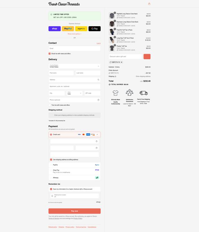 Fresh Clean Threads checkout page showing Fresh Clean Threads discount code box | Screenshot taken by SimplyCodes community member on Aug 29, 2025