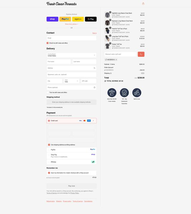 Fresh Clean Threads checkout page showing Fresh Clean Threads discount code box | Screenshot taken by SimplyCodes community member on Sep 10, 2025
