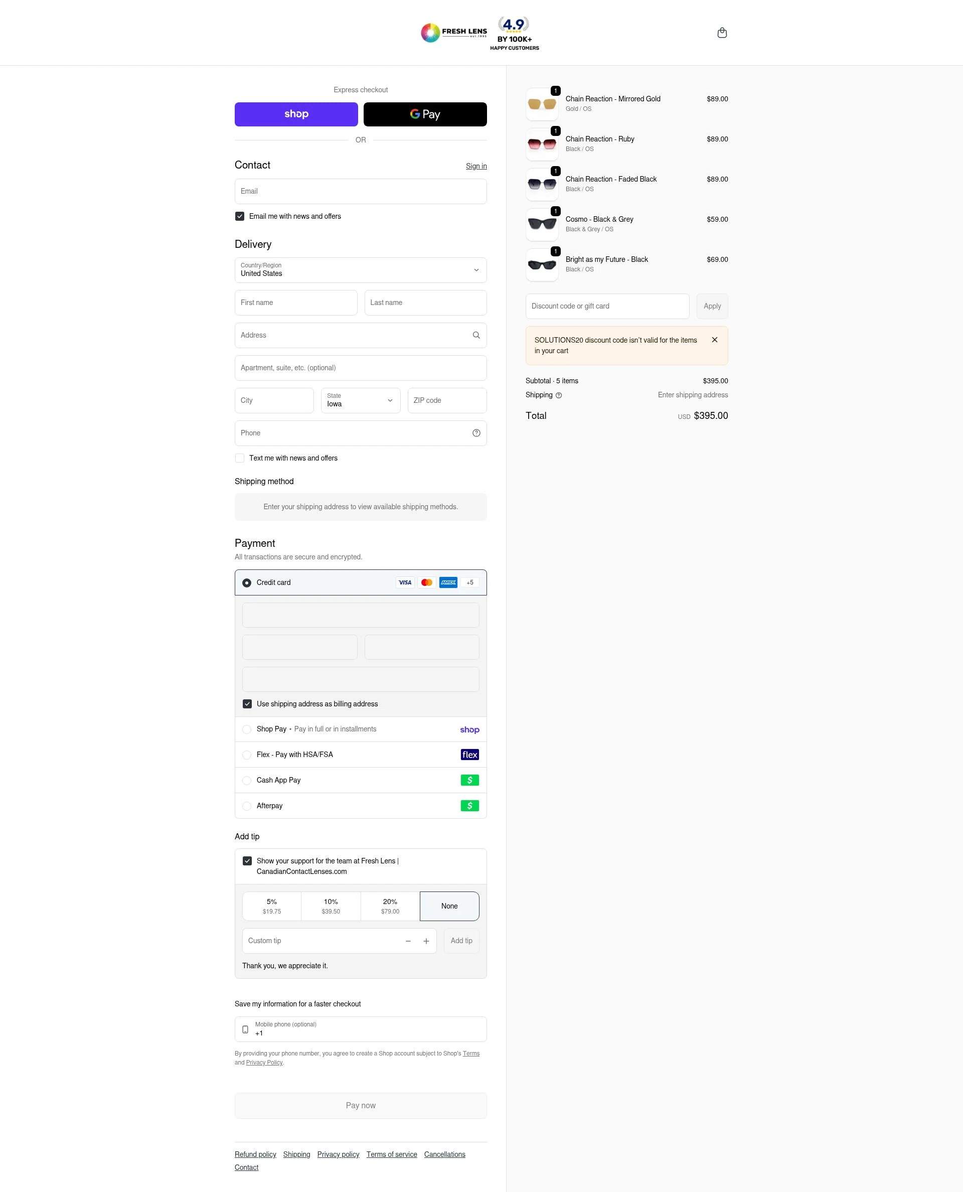 Fresh Lens checkout page showing Fresh Lens discount code box | Screenshot taken by SimplyCodes community member on Feb 8, 2026