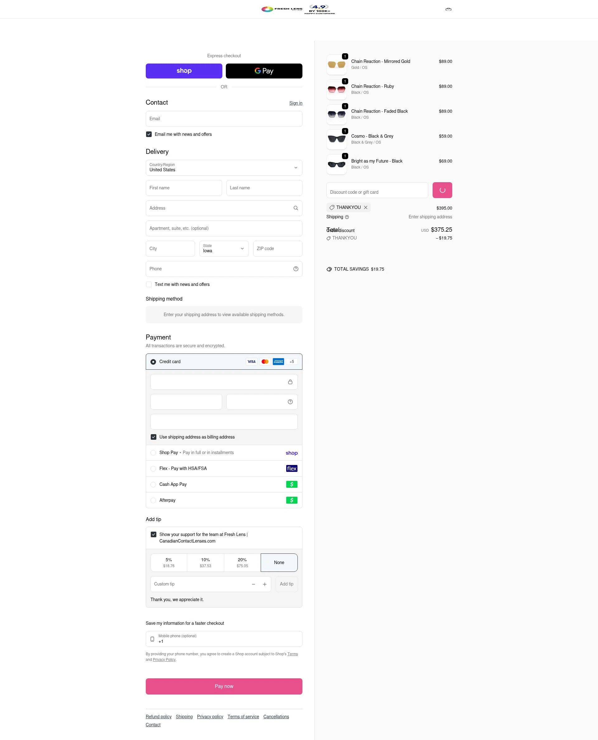 Fresh Lens checkout page showing Fresh Lens discount code box | Screenshot taken by SimplyCodes community member on Feb 8, 2026