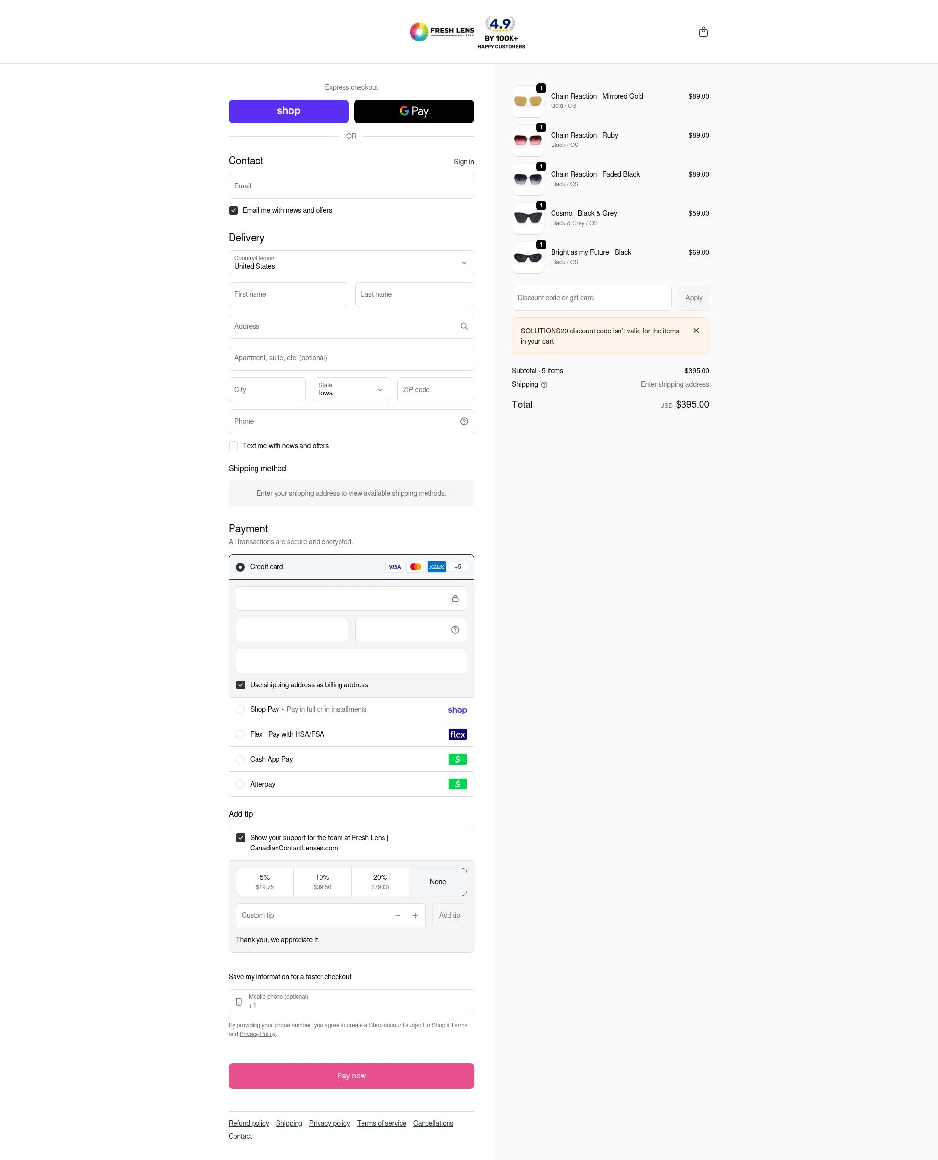 Fresh Lens checkout page showing Fresh Lens discount code box | Screenshot taken by SimplyCodes community member on Feb 13, 2026
