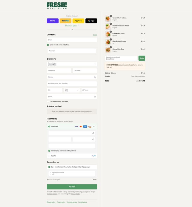 Fresh Meal Plan checkout page showing Fresh Meal Plan discount code box | Screenshot taken by SimplyCodes community member on Sep 2, 2025