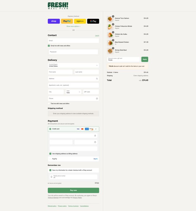 Fresh Meal Plan checkout page showing Fresh Meal Plan discount code box | Screenshot taken by SimplyCodes community member on Sep 2, 2025