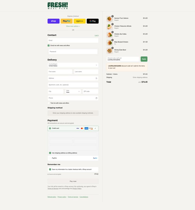 Fresh Meal Plan checkout page showing Fresh Meal Plan discount code box | Screenshot taken by SimplyCodes community member on Sep 2, 2025