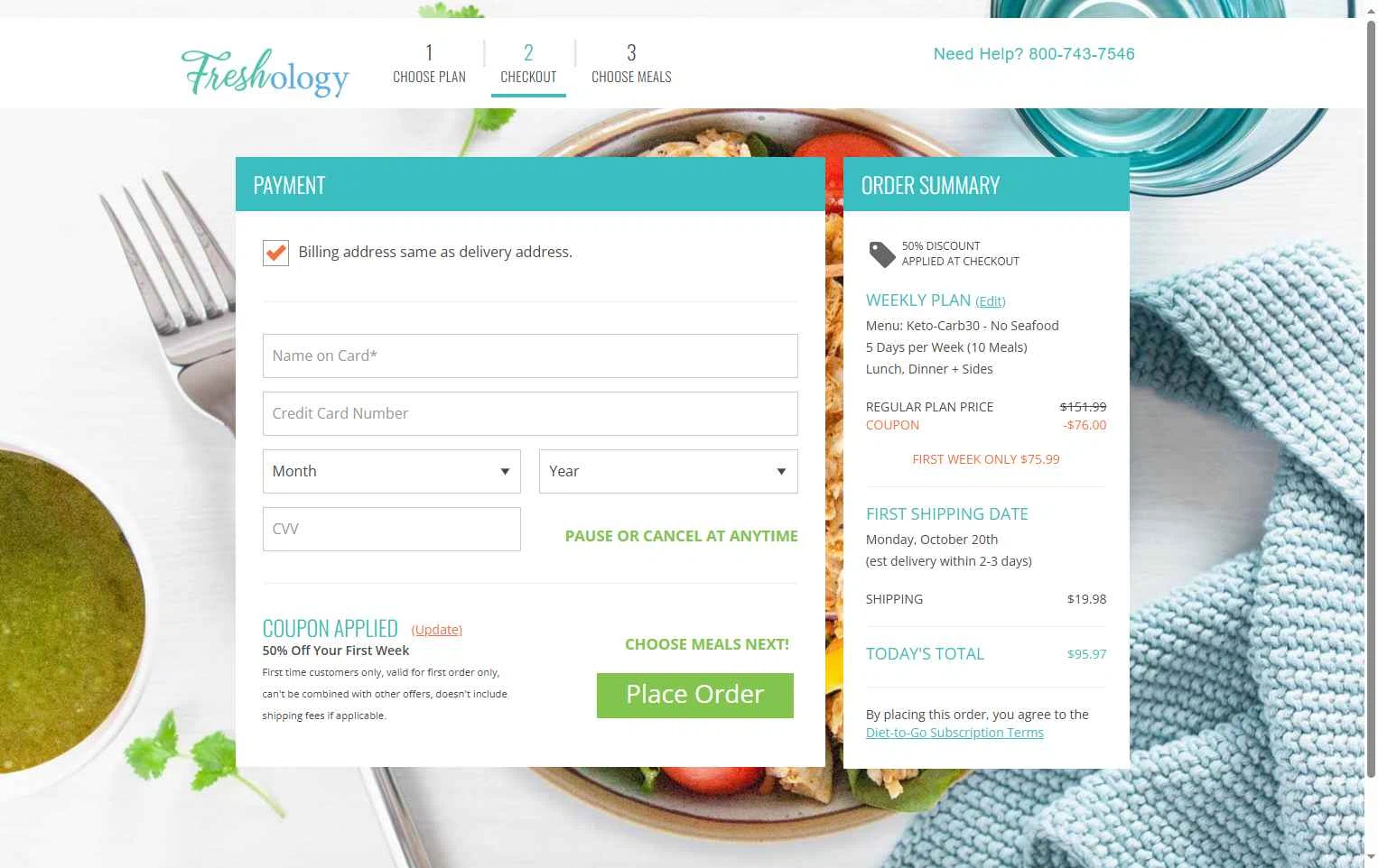 Freshology checkout page showing Freshology coupon code box | Screenshot taken by SimplyCodes community member on Oct 17, 2025