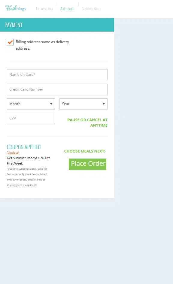 Freshology checkout page showing Freshology coupon code box | Screenshot taken by SimplyCodes community member on Aug 16, 2025