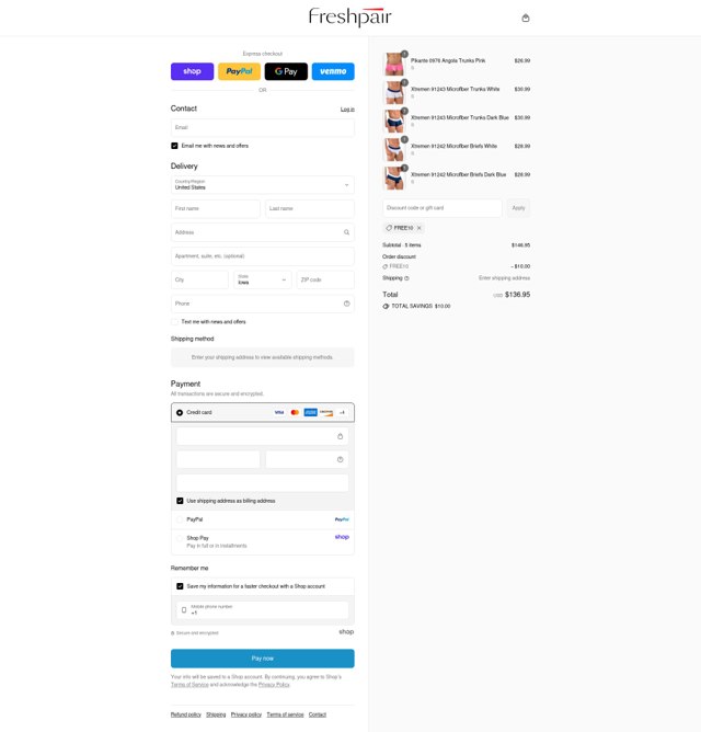 Freshpair checkout page showing Freshpair promo code box | Screenshot taken by SimplyCodes community member on Sep 6, 2025