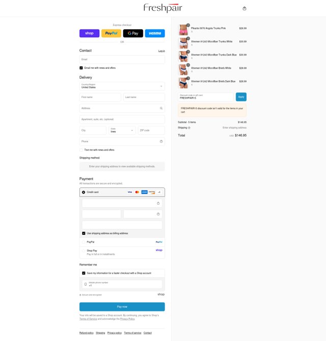 Freshpair checkout page showing Freshpair promo code box | Screenshot taken by SimplyCodes community member on Sep 6, 2025