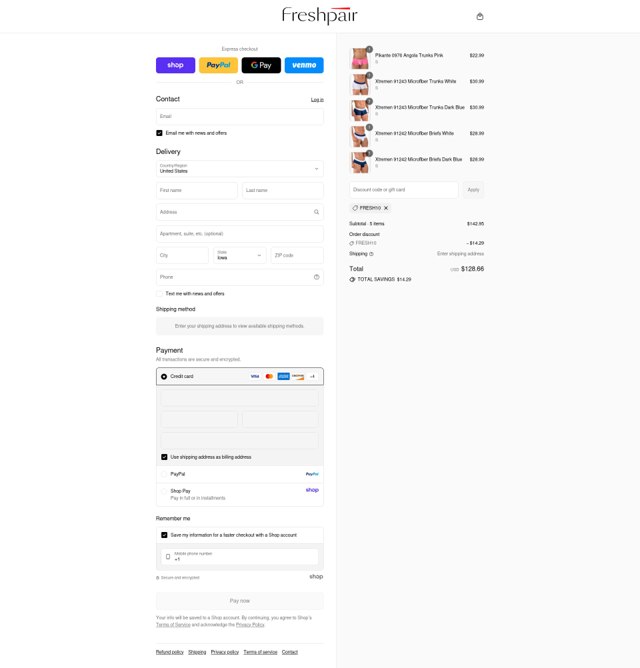 Freshpair checkout page showing Freshpair promo code box | Screenshot taken by SimplyCodes community member on Sep 2, 2025