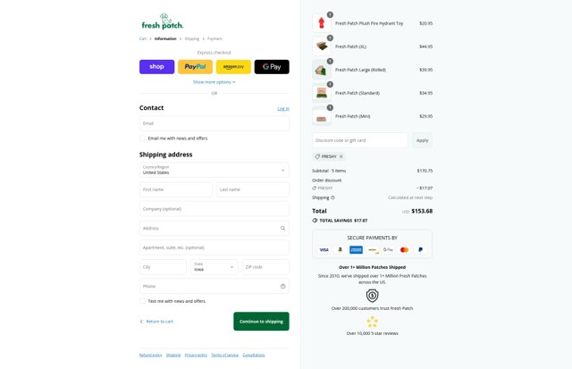 Fresh Patch checkout page showing Fresh Patch discount code box | Screenshot taken by SimplyCodes community member on Sep 6, 2025