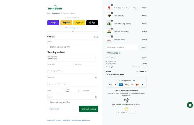 Fresh Patch checkout page showing Fresh Patch discount code box | Screenshot taken by SimplyCodes community member on Sep 6, 2025