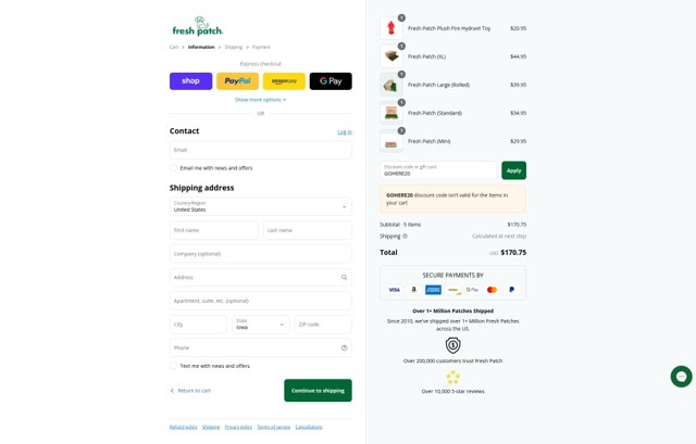 Fresh Patch checkout page showing Fresh Patch discount code box | Screenshot taken by SimplyCodes community member on Sep 6, 2025