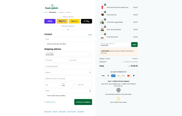 Fresh Patch checkout page showing Fresh Patch discount code box | Screenshot taken by SimplyCodes community member on Sep 6, 2025