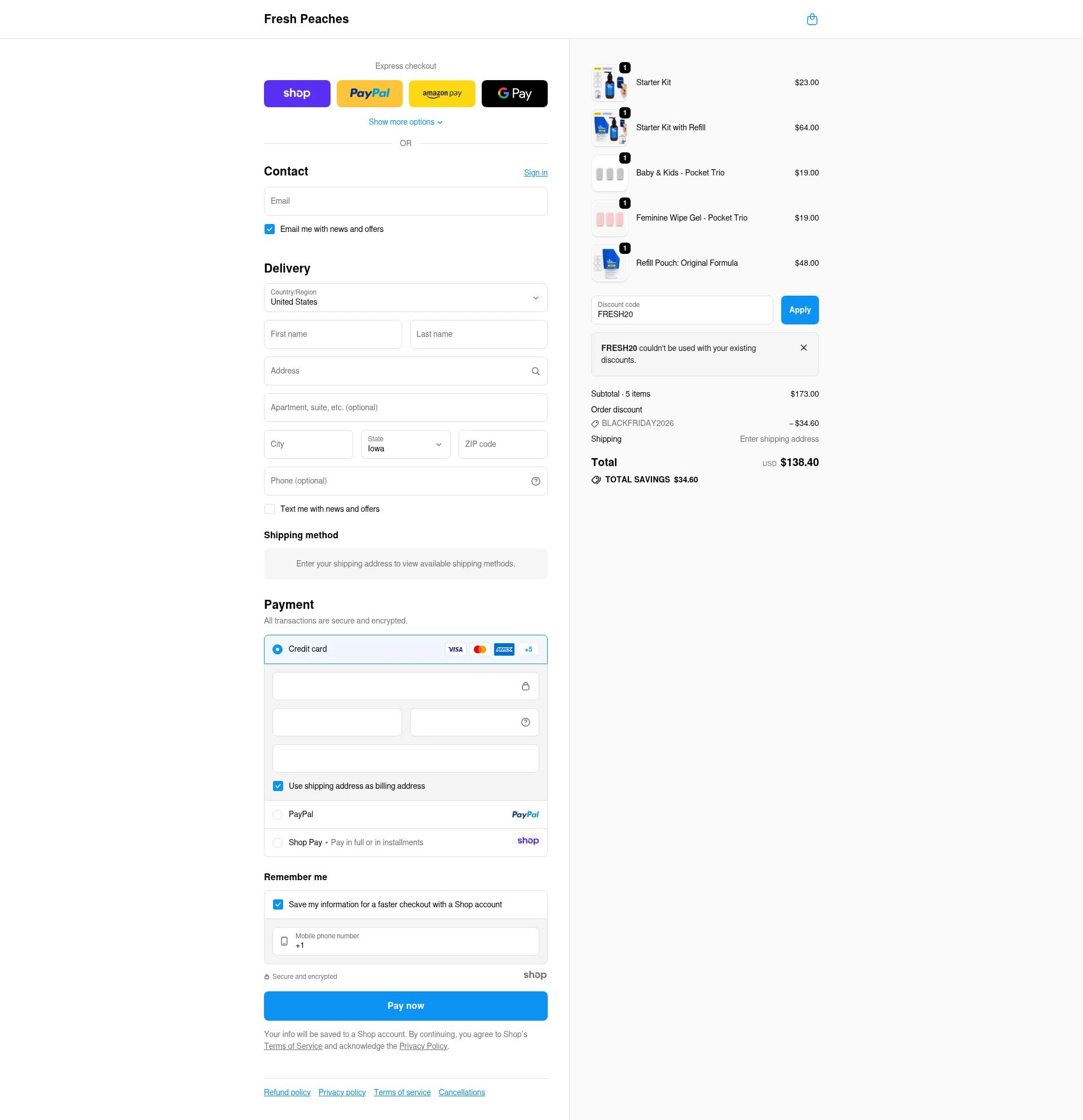 Fresh Peaches checkout page showing Fresh Peaches promo code box | Screenshot taken by SimplyCodes community member on Nov 24, 2025