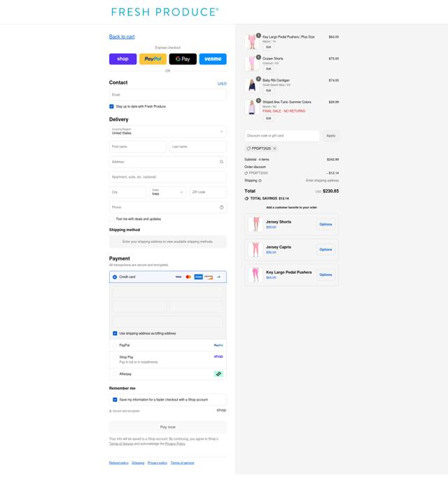 Fresh Produce checkout page showing Fresh Produce coupon code box | Screenshot taken by SimplyCodes community member on Sep 4, 2025