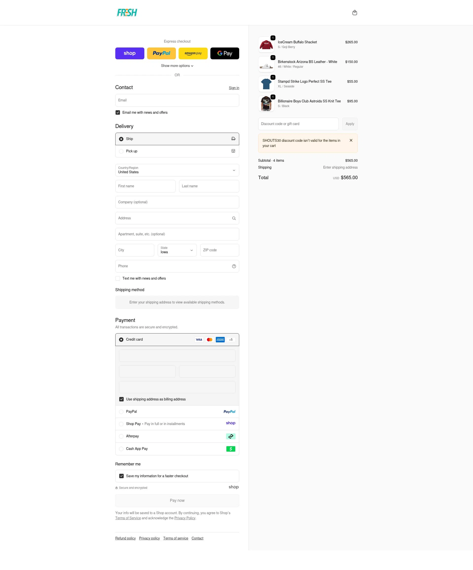 Fresh Rags checkout page showing Fresh Rags discount code box | Screenshot taken by SimplyCodes community member on Dec 17, 2025