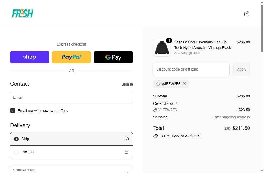 Fresh Rags checkout page showing Fresh Rags discount code box | Screenshot taken by SimplyCodes community member on Jan 1, 2026