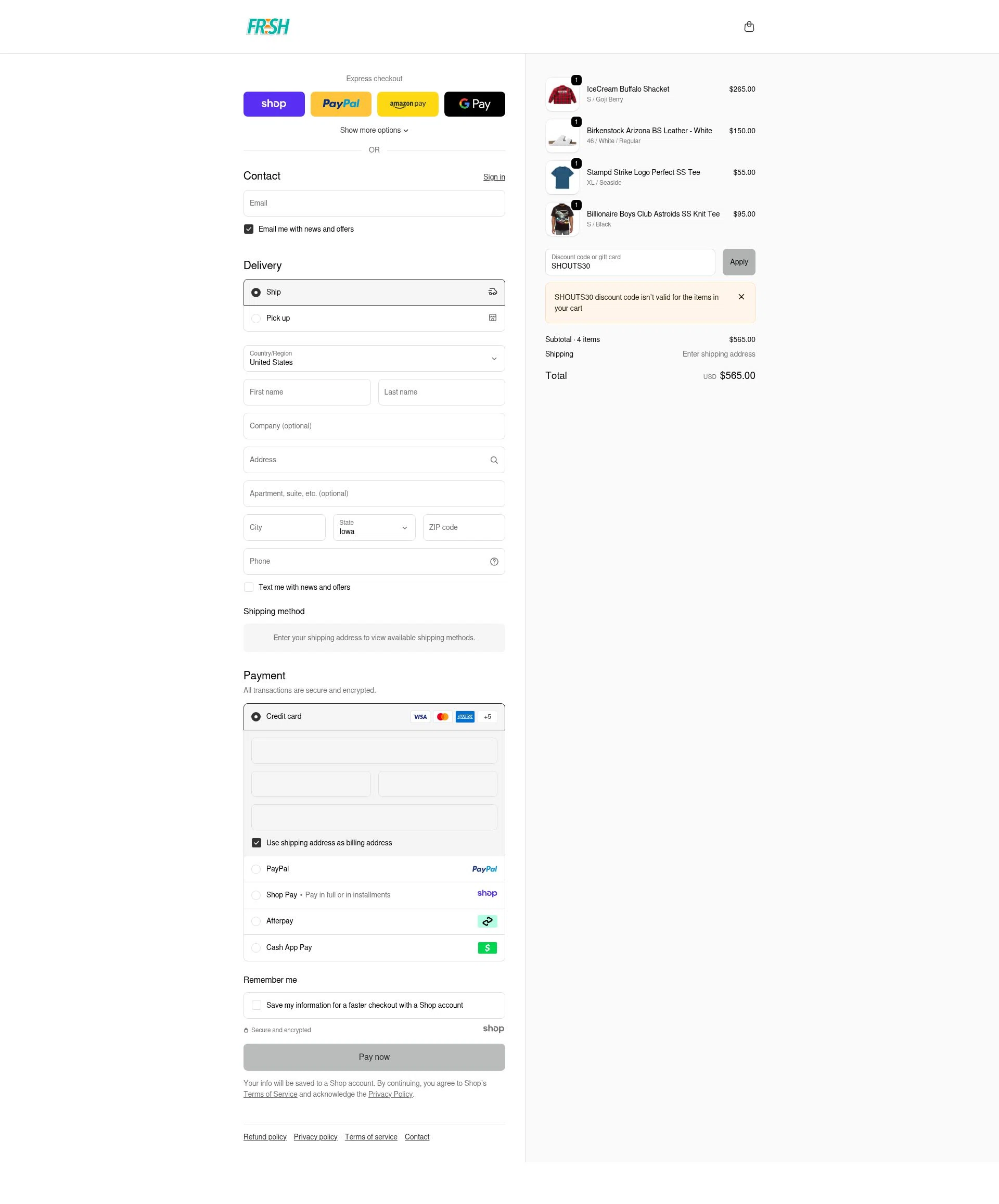 Fresh Rags checkout page showing Fresh Rags discount code box | Screenshot taken by SimplyCodes community member on Dec 6, 2025