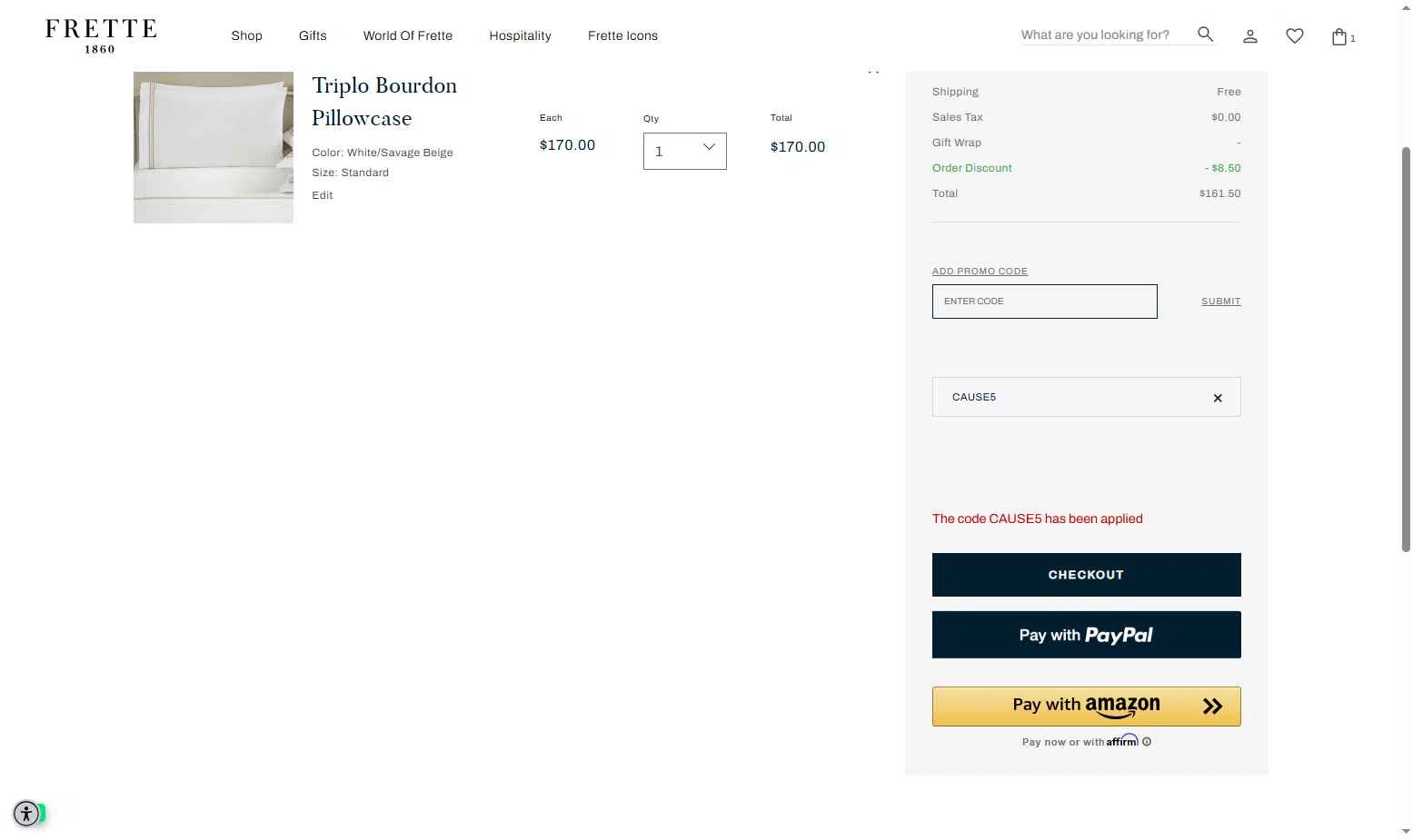 Frette checkout page showing Frette coupon code box | Screenshot taken by SimplyCodes community member on Sep 23, 2025