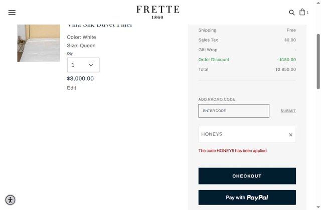 Frette checkout page showing Frette coupon code box | Screenshot taken by SimplyCodes community member on Jul 4, 2025