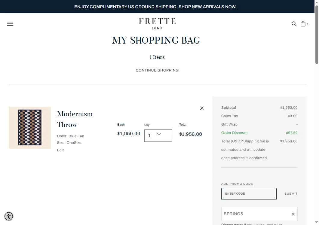 Frette checkout page showing Frette coupon code box | Screenshot taken by SimplyCodes community member on Nov 6, 2025