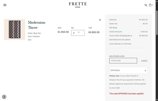 Frette checkout page showing Frette coupon code box | Screenshot taken by SimplyCodes community member on Aug 11, 2025