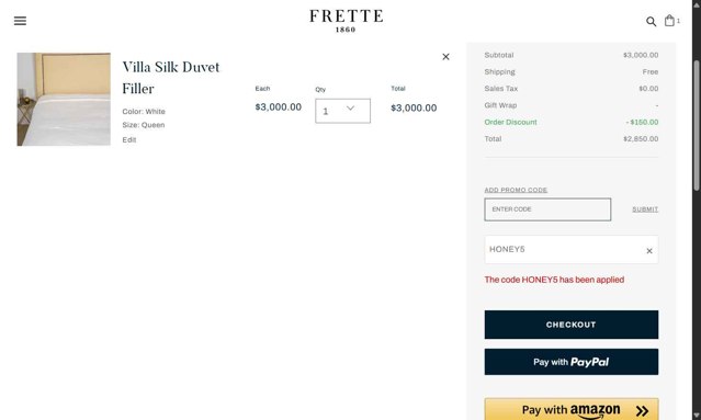 Frette checkout page showing Frette coupon code box | Screenshot taken by SimplyCodes community member on Jul 4, 2025