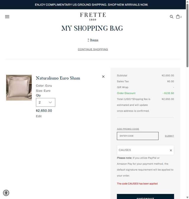 Frette checkout page showing Frette coupon code box | Screenshot taken by SimplyCodes community member on Sep 23, 2025