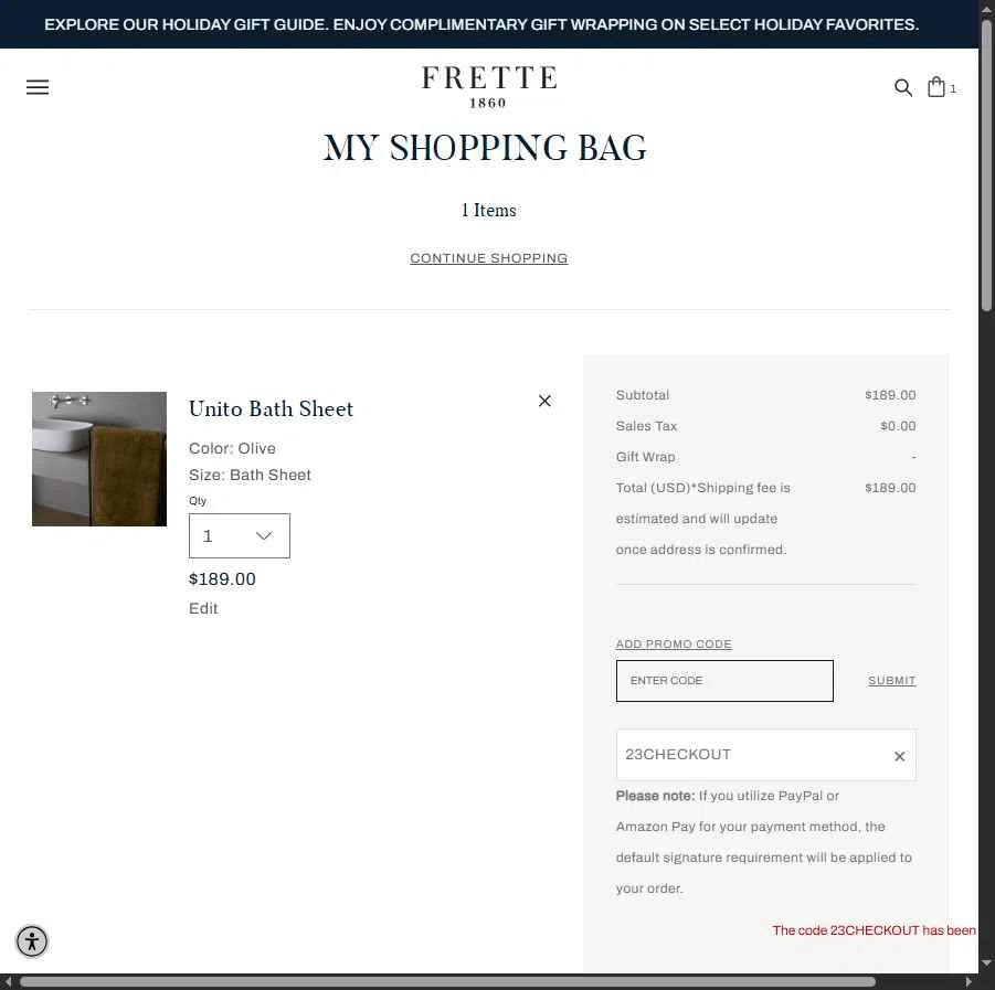 Frette checkout page showing Frette coupon code box | Screenshot taken by SimplyCodes community member on Dec 2, 2025