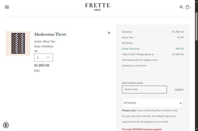 Frette checkout page showing Frette coupon code box | Screenshot taken by SimplyCodes community member on Jul 13, 2025