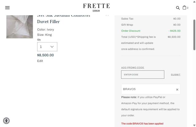 Frette checkout page showing Frette coupon code box | Screenshot taken by SimplyCodes community member on Sep 23, 2025