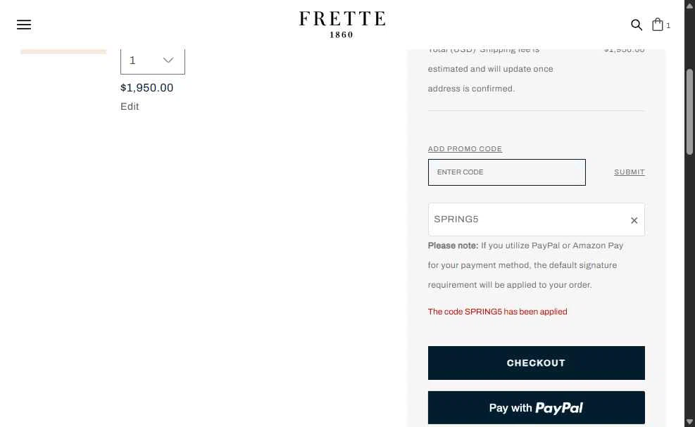 Frette checkout page showing Frette coupon code box | Screenshot taken by SimplyCodes community member on Oct 8, 2025