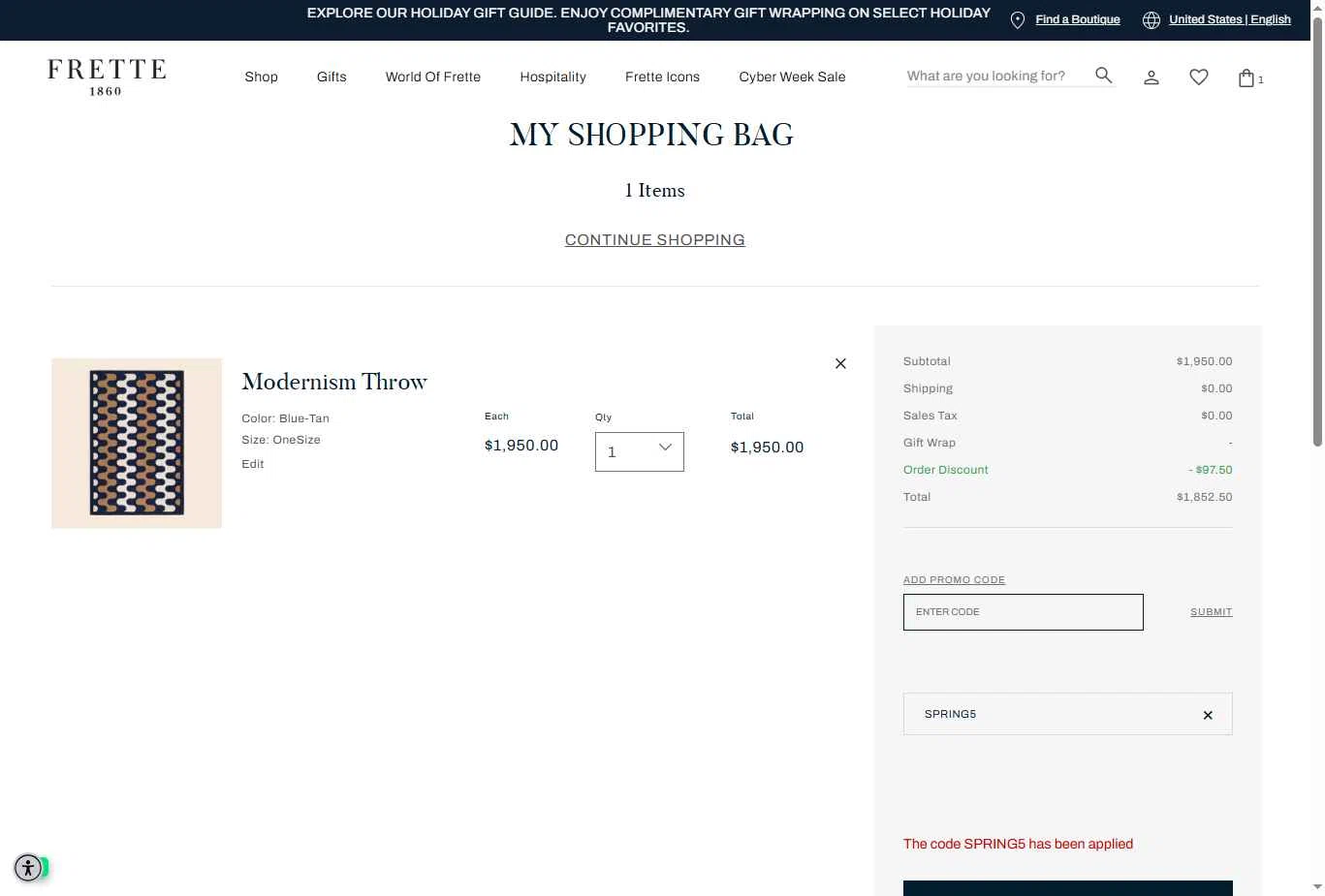 Frette checkout page showing Frette coupon code box | Screenshot taken by SimplyCodes community member on Dec 5, 2025