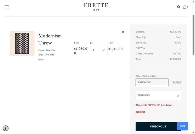 Frette checkout page showing Frette coupon code box | Screenshot taken by SimplyCodes community member on Sep 9, 2025